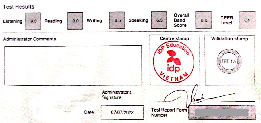 Kết quả IELTS của mình: L:9.0, R:9.0, W:6.5, S:6.5